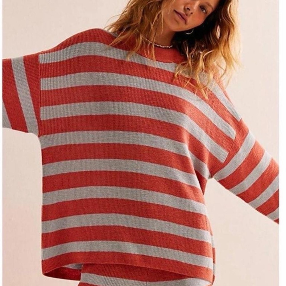 Free People Beach Malibu Surf Sweater Slouchy Oversized Orange Blue Knit Size XL